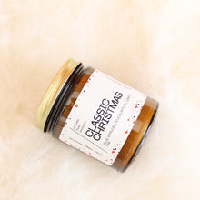 Load image into Gallery viewer, CLASSIC CHRISTMAS Hand Poured Candle. Blue Spruce. Lemon Rind. Cypress Tips. Crushed Eucalyptus. Balsam Boughs.  Traditional Cotton Wick. Amber Jar. SALE.