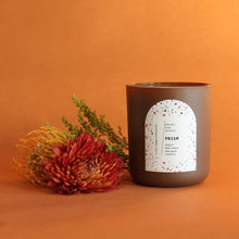 Load image into Gallery viewer, PRISM Hand Poured Candle. Cranberry Sauce. Crunchy Leaves. Apple Peel. Cotton Wick. 12 oz. Cocoa Brown. Large.