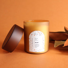 Load image into Gallery viewer, VELVET Hand Poured Candle. Sandalwood. Cassis. Waterlily. Pink Pepper. Jasmine. 16 oz oz. Double Cotton Wick. Tangerine and Amber.