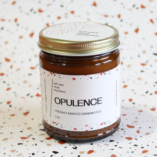 OPULENCE Hand Poured Candle 7 oz. Freshly printed banknotes. Cotton. Ink. Traditional Cotton Wick. Amber Jar.