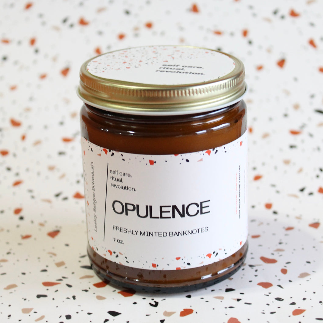 OPULENCE Hand Poured Candle 7 oz. Freshly printed banknotes. Cotton. Ink. Traditional Cotton Wick. Amber Jar.