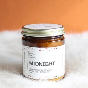 MIDNIGHT Hand Poured Candle. Cedarwood. Bergamot. Fig. Patchouli. Incense. Amber Jar. 7 oz. Cotton Wick.