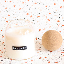 Load image into Gallery viewer, BALDWIN Hand Poured Candle. Cedar Smoke. Cardamom. Oud. Incense. Black Pepper. 6.5 oz. Cotton Wick. Cork Top.