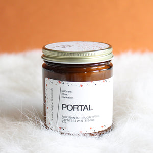 PORTAL Hand Poured Candle. Palo Santo. Fir. Sage. Warm Amber. Cypress. 7 oz. Amber Jar. Cotton Wick.