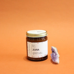 ZORA Hand Poured Candle. Lavender. Pine. Orange. Lemongrass. Cashmere. Musk. 7 oz. Traditional Cotton Wick. Amber Jar.