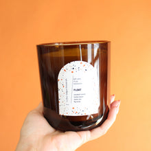 Load image into Gallery viewer, FLOAT Hand Poured Candle. Smoked Violet. Mate Tea. Fig Pulp. Tonka. Jasmine. 22 oz. Triple Cotton Wick. Amber.