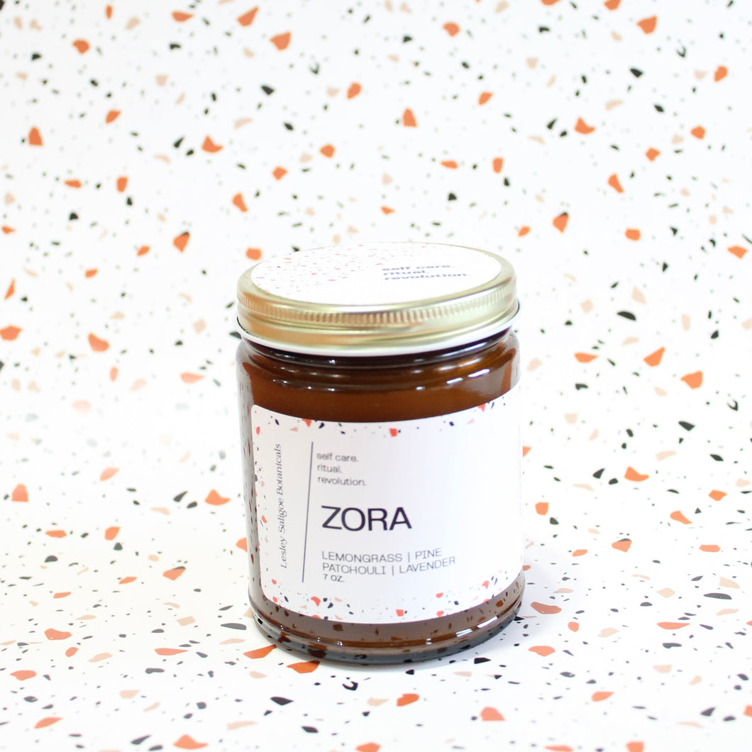 ZORA Hand Poured Candle. Lavender. Pine. Orange. Lemongrass. Cashmere. Musk. 7 oz. Traditional Cotton Wick. Amber Jar.