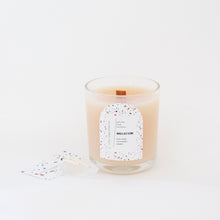 Load image into Gallery viewer, BAECATION Hand Poured Candle. Pina Colada Scent. Papaya. Cocoa Butter. Gold Shimmer. Wood Wick. 12 oz. Clear Vessel.