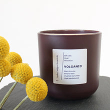 Load image into Gallery viewer, VOLCANIC Hand Poured Candle. Amyris Resin. Black Licorice. Ripe Banana. Bergamot. Star Anise. Wood Wick. 14 oz. Matte Aubergine. Large.
