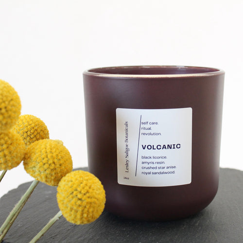 VOLCANIC Hand Poured Candle. Amyris Resin. Black Licorice. Ripe Banana. Bergamot. Star Anise. Wood Wick. 14 oz. Matte Aubergine. Large.