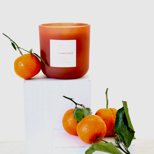 SUNKISSED Hand Poured Candle. Agave Amica. Neroli Extract. Honeyed Fig. Tuscan Rosemary. Wood Wick. 14 oz. Fawn Tan. Large.