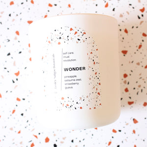 WONDER Hand Poured Candle. Satsuma Zest. Guava. Agave Nectar. Wood Wick. 12 oz. Matte White.