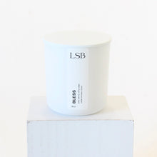 Load image into Gallery viewer, BLESS Hand Poured Natural Candle. Palo Santo. Sage. Cedarwood. Wood Wick. 8 oz. White with Lid.