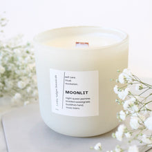 Load image into Gallery viewer, MOONLIT Hand Poured Candle. Night Queen Jasmine. Braided Sweetgrass. Buddha&#39;s Hand. Musc Blanc. Wood Wick. 14 oz. Matte Cream. Large.