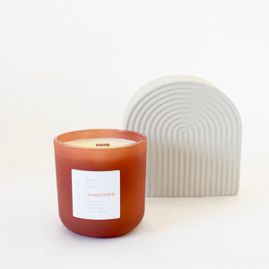 SUNKISSED Hand Poured Candle. Agava Amica. Neroli Extract. Honeyed Fig. Tuscan Rosemary. Wood Wick. 14 oz. Fawn Tan. Large.