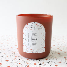 Load image into Gallery viewer, NOLA Hand Poured Candle. Bourbon. Beignet. Tobacco. Wood Wick. 12 oz. Matte Terracotta.